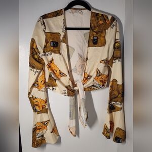 Source Unknown Fox Print Tie-Front Crop Top
